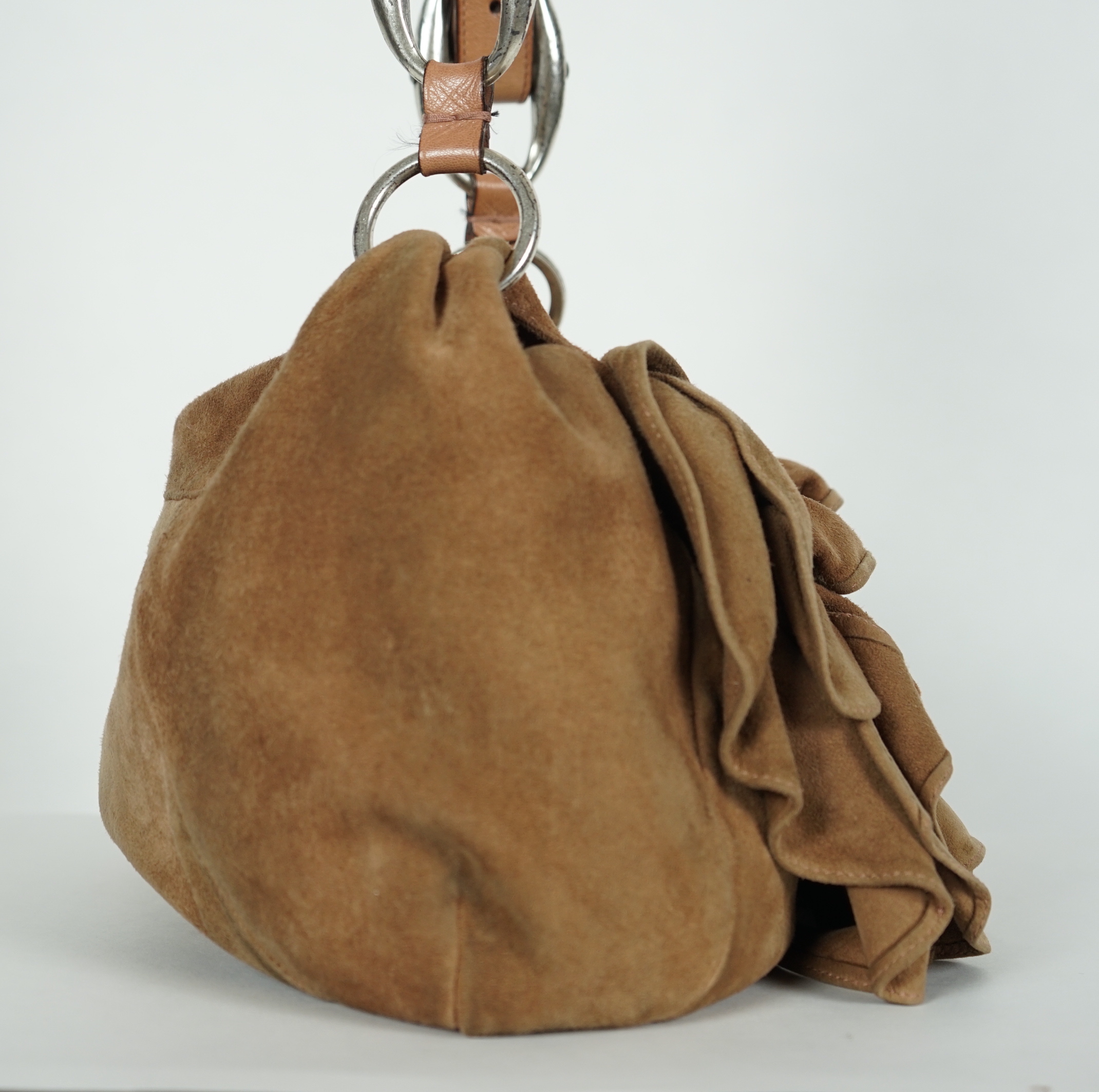 A Yves Saint Laurent rive gauche camel/ sand-brown sueded leather Nadja Rose Petal shoulder bag, designed by Tom Ford, width 36cm, height 33cm, depth 5cm